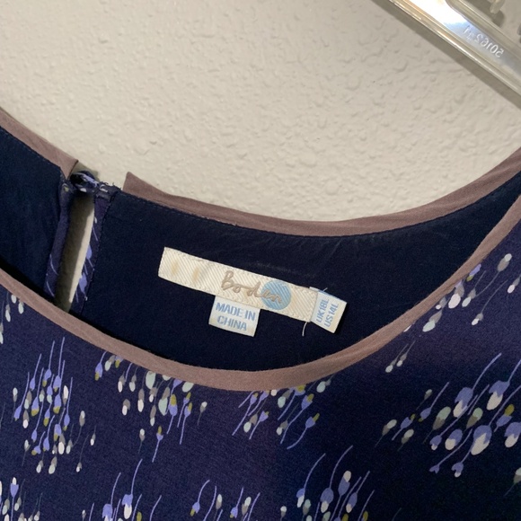 Boden A Line Dress US 14L Tie Waist Navy Blue Tan Trim Cap Sleeves Floral - Picture 4 of 8